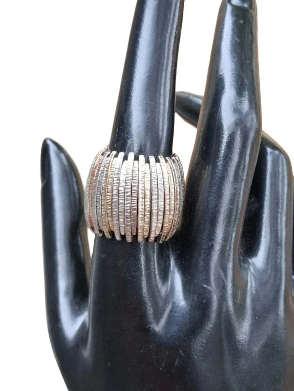 Tri Tone Mixed Metal Stretch Ring Wide Textured Ribbed Segment Statement Band